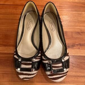 TALBOTS Brown Tan Black Flats Shoes Animal Print Striped Calf Hair buckle 6.5B